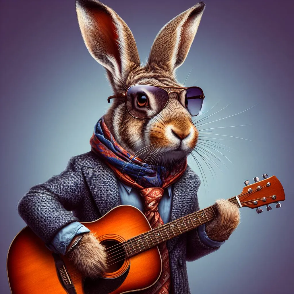 a rabbit in a suit playing a guitar