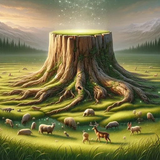 a painting of a tree stump with animals around it