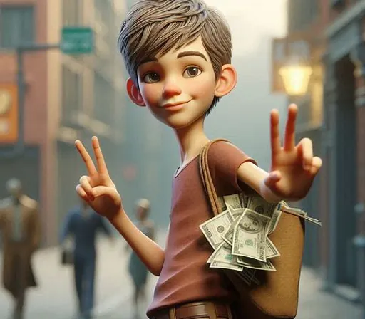 a cartoon boy with a bag of money on his back