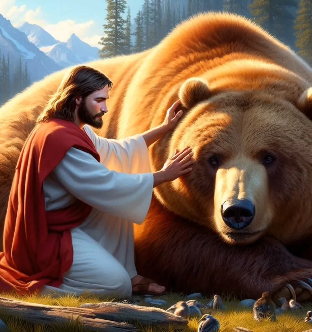 a god sitting in front of a giant  bear