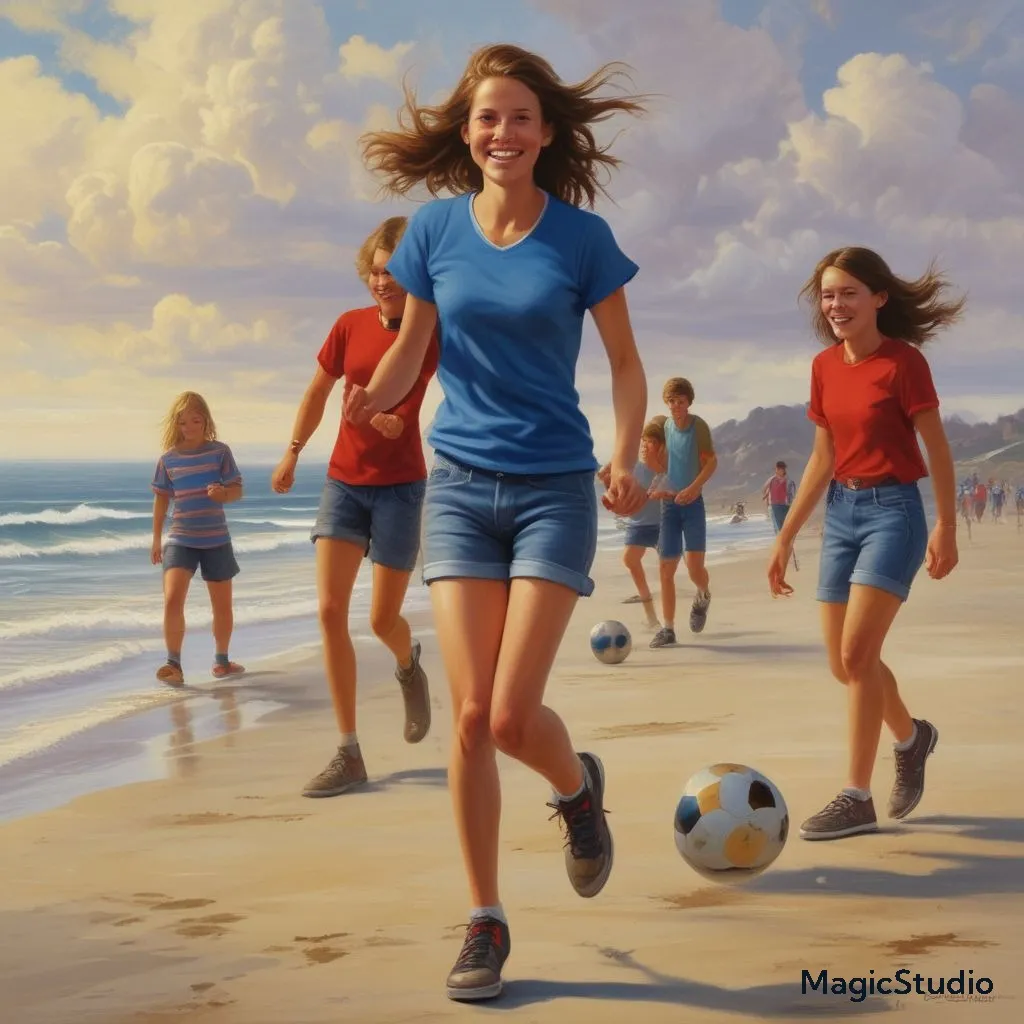 a painting of a group of people playing soccer on the beach runnng and laughing