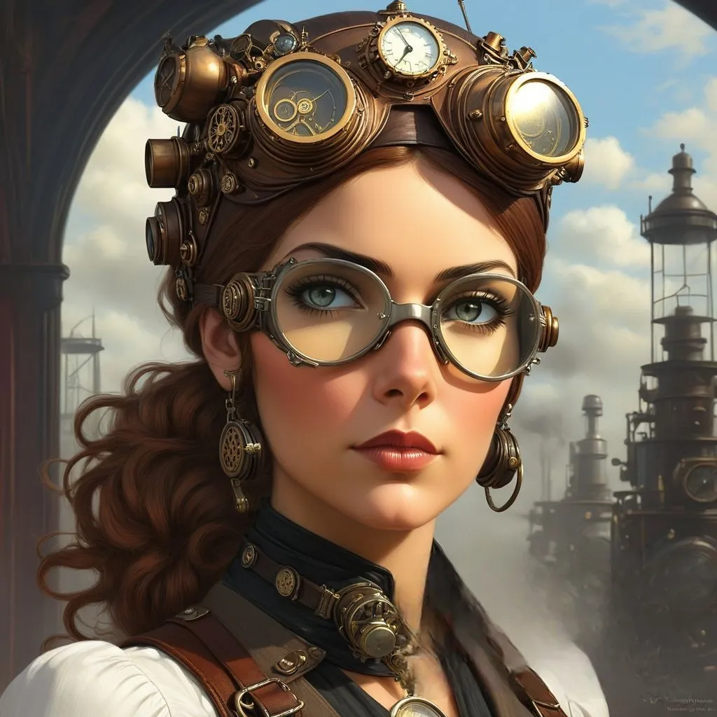 a woman with steampunk glasses and a steam clock on her head