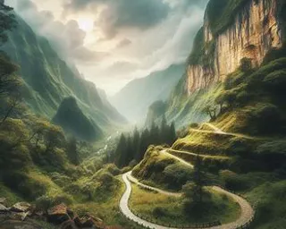 a painting of a winding road in the mountains