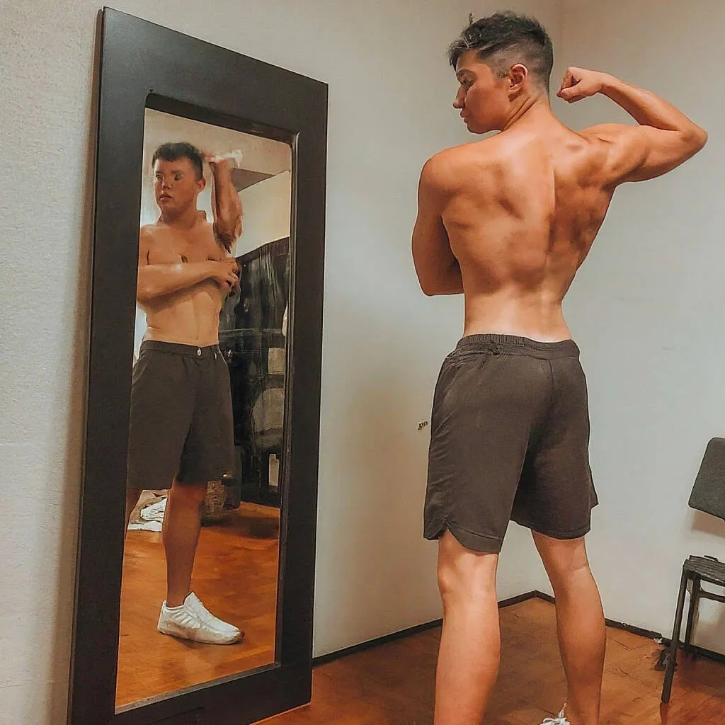 a man in shortts standing in front of a mirror