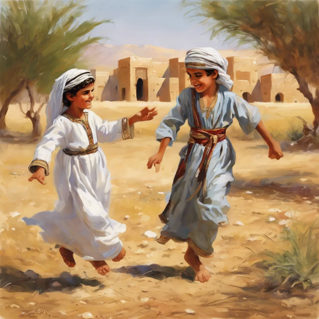 a painting of two children running in the green field