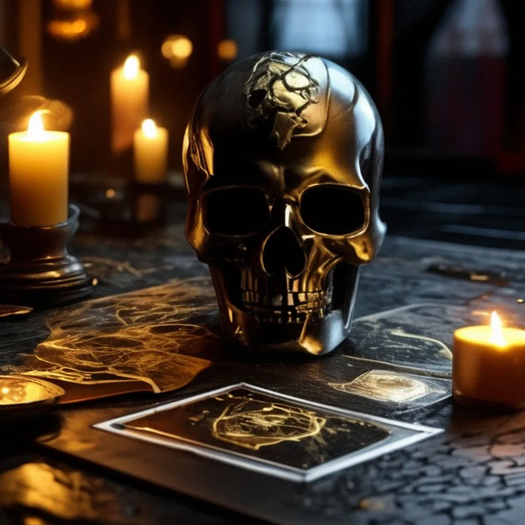 a skull sitting on top of a table next to candles