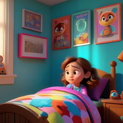 a little girl laying in her bed with a colorful blanket, cartoon style, pixar style, Disney style 