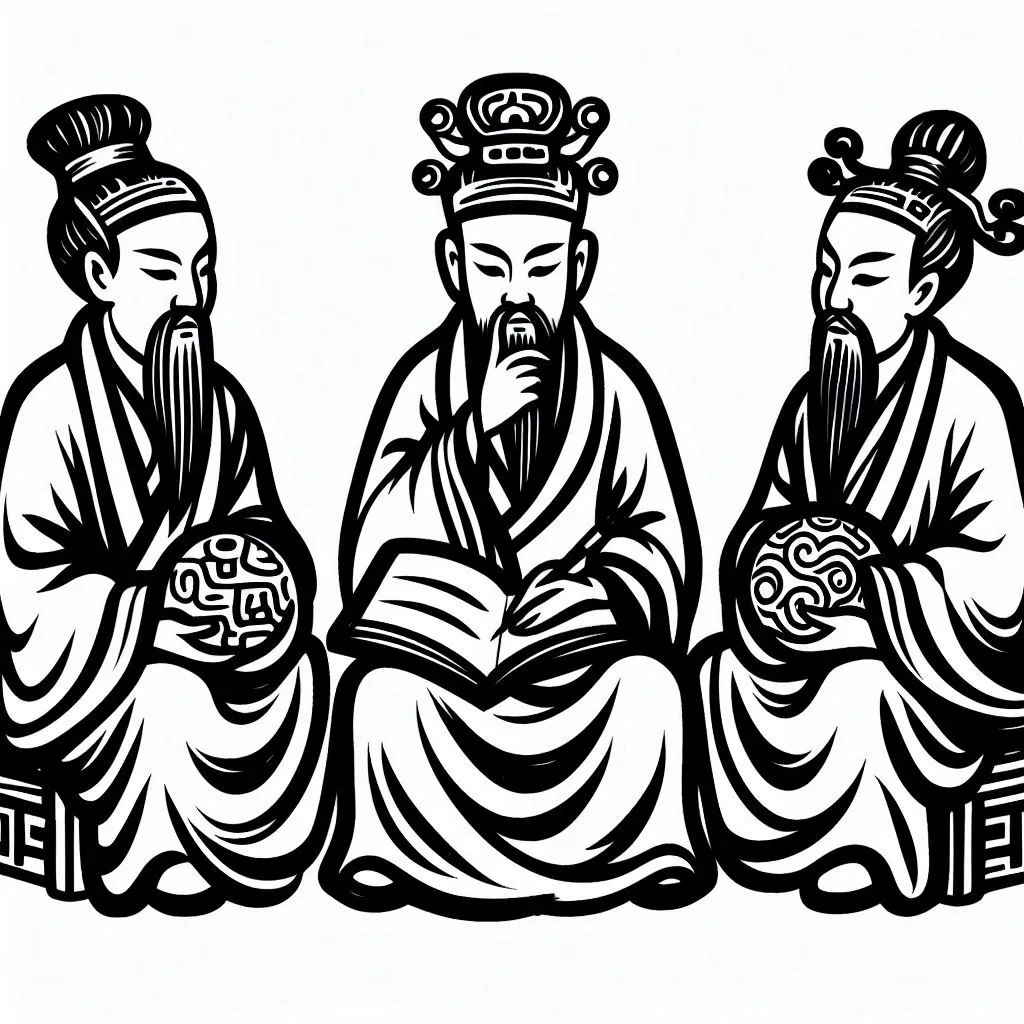 three asian men sitting down and reading a book