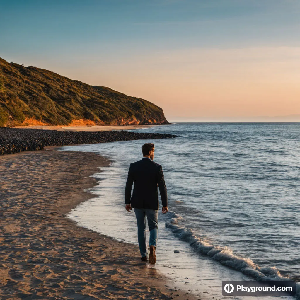 a man walking along a beach next to the ocean