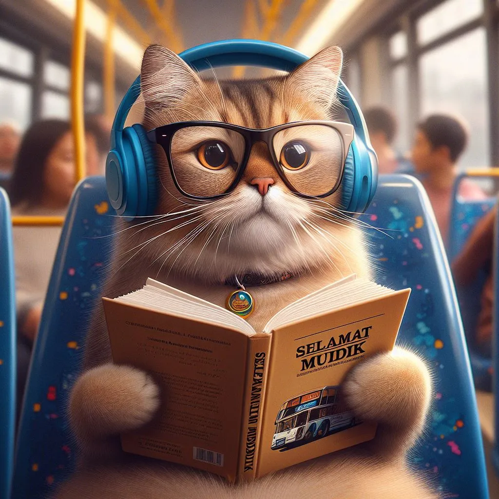 a cat wearing headphones and reading a book