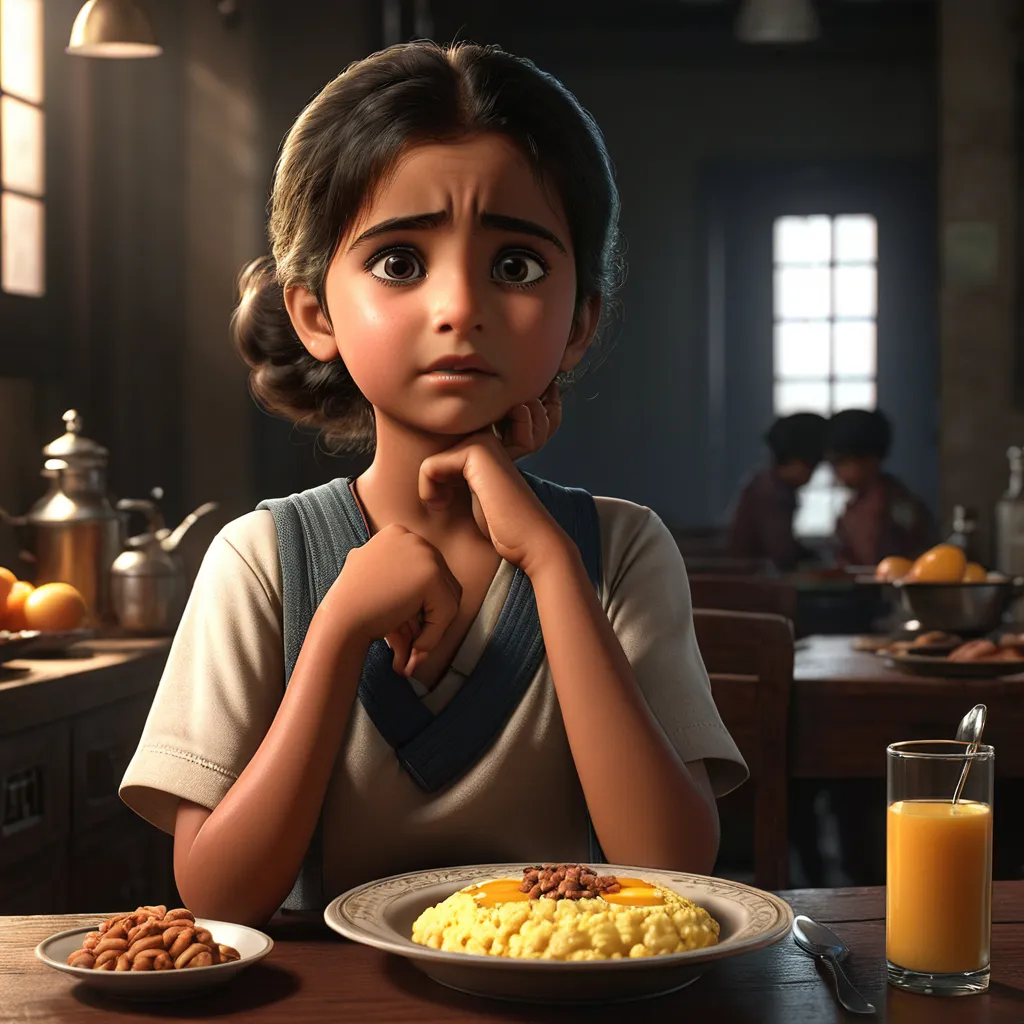 a young girl sitting at a table with a plate of food in front of her