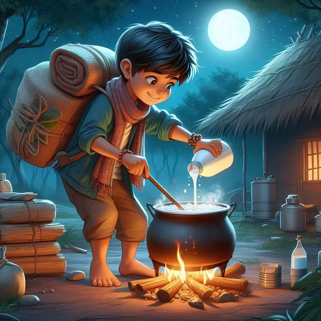 a boy is cooking food in a pot on a Fire Wood Stove