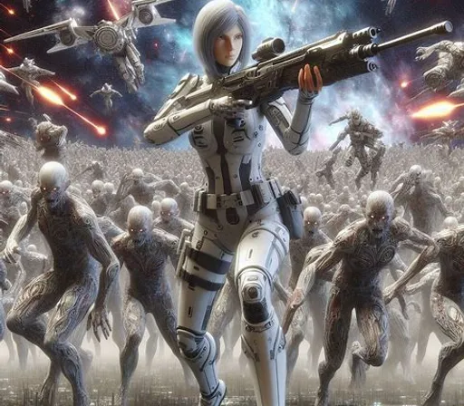 a woman in a futuristic suit holding a gun in front of a group of zombies