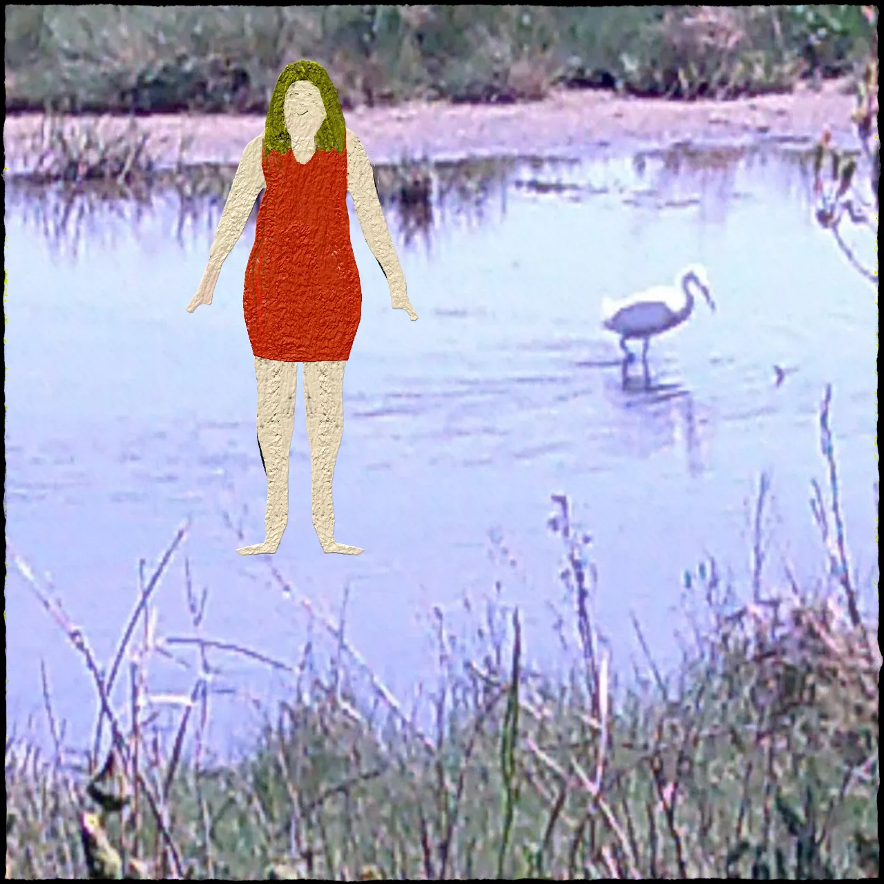 A woman in a red dress dancing on the edge of a jungle lake surrounded by lush foliage and colorful birds