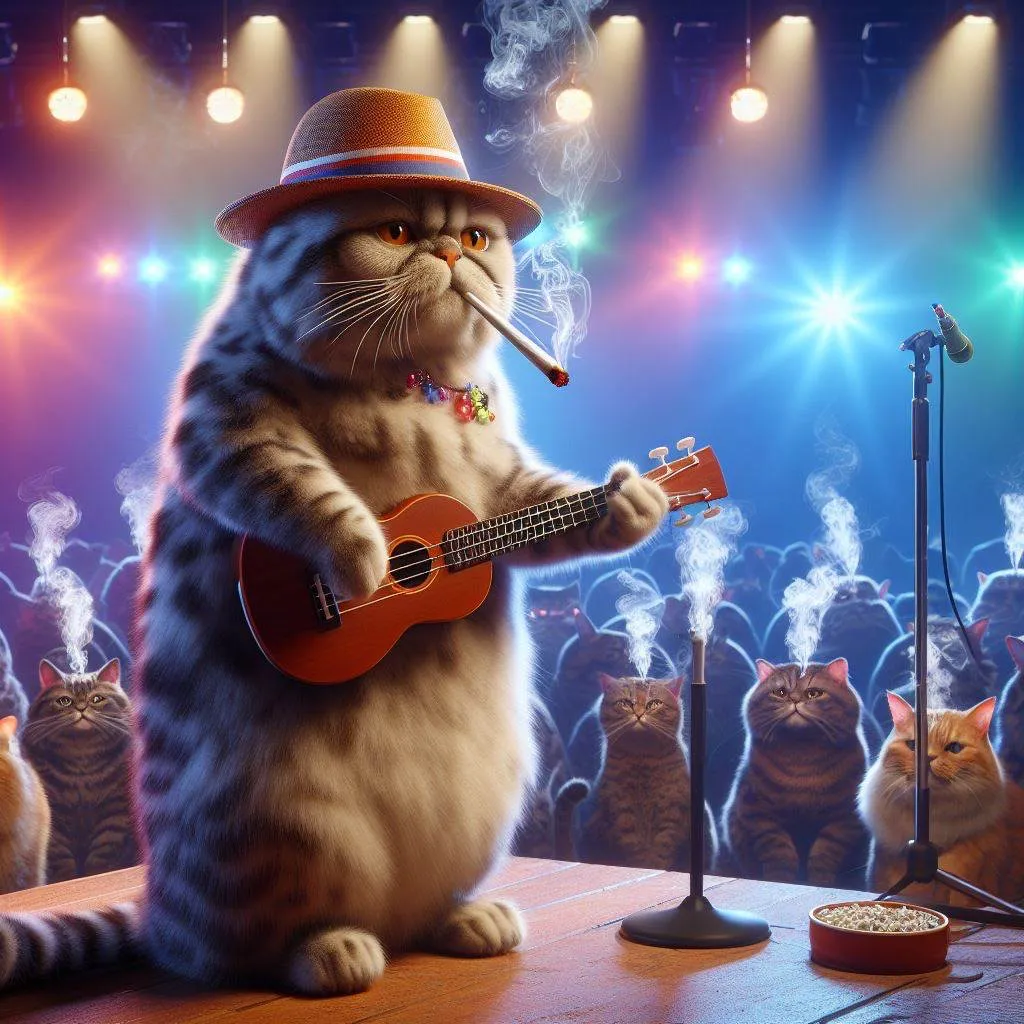 a cat with a hat and a guitar in front of a crowd of cats