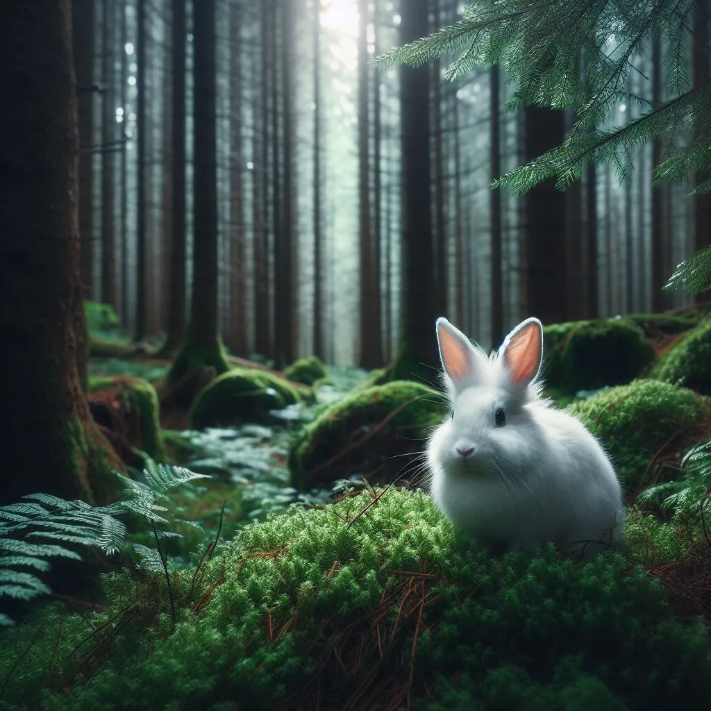 a white rabbit sitting in the middle of a forest