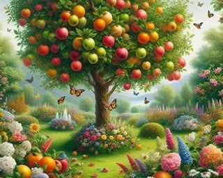 a painting of an apple tree surrounded by flowers and butterflies