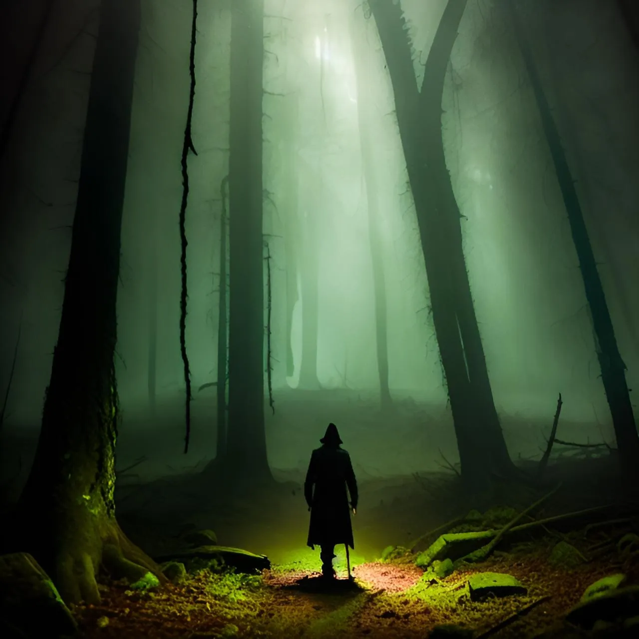 a man standing in the middle of a forest