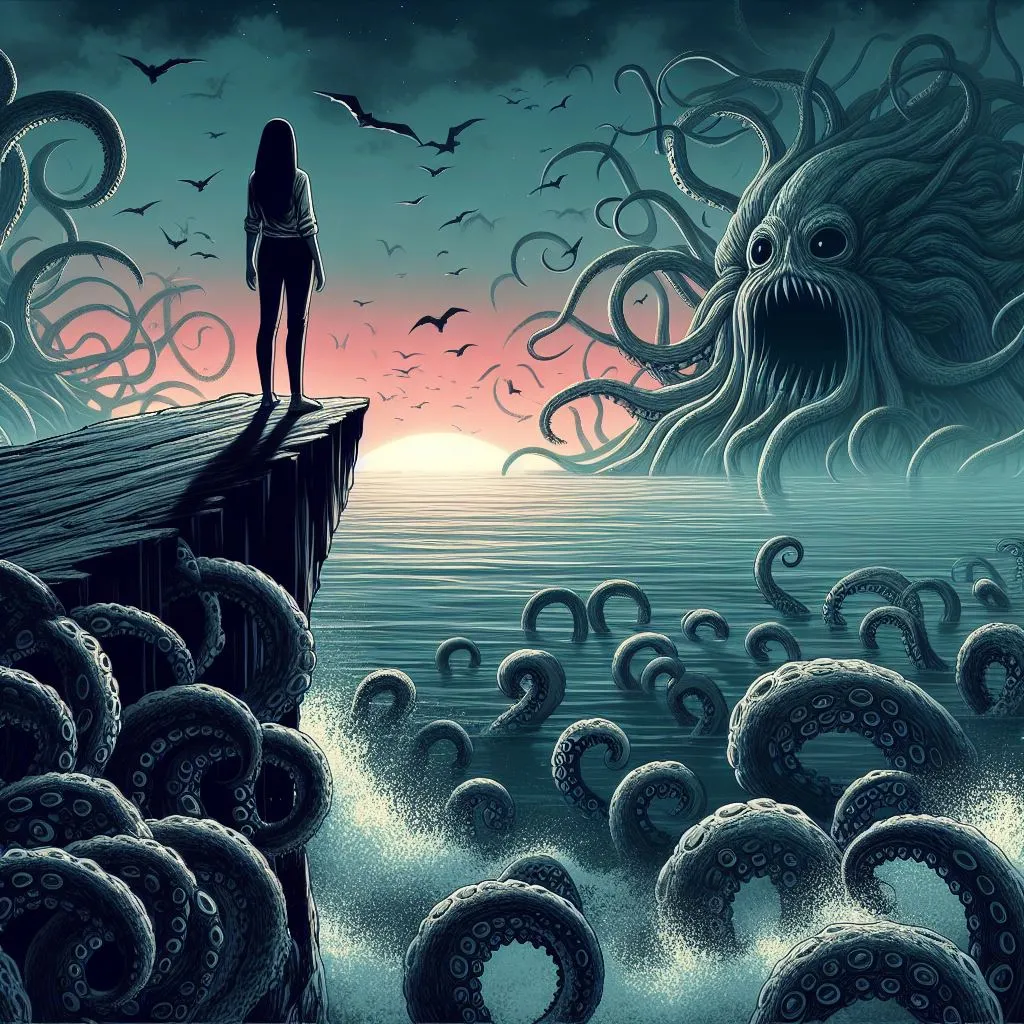 a woman standing on a pier looking at an octopus