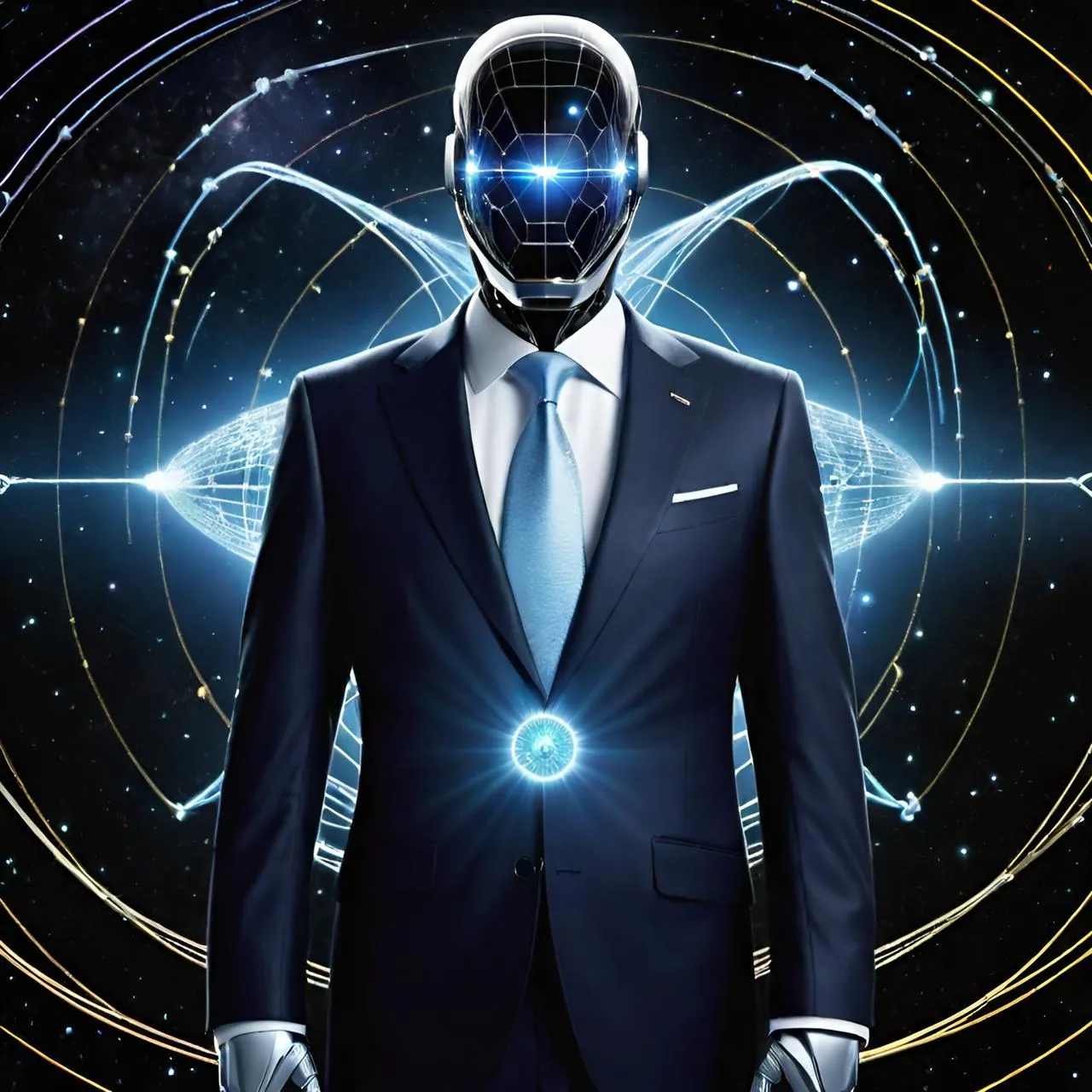 a man in a suit with a futuristic face