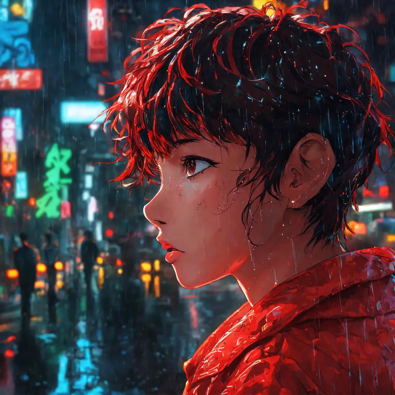 a woman standing in the rain in a city