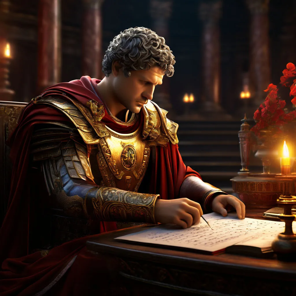 a man in a roman costume writing on a piece of paper