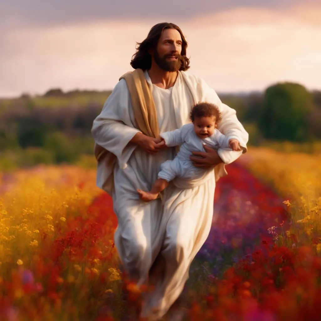 a man holding a baby in a field of flowers