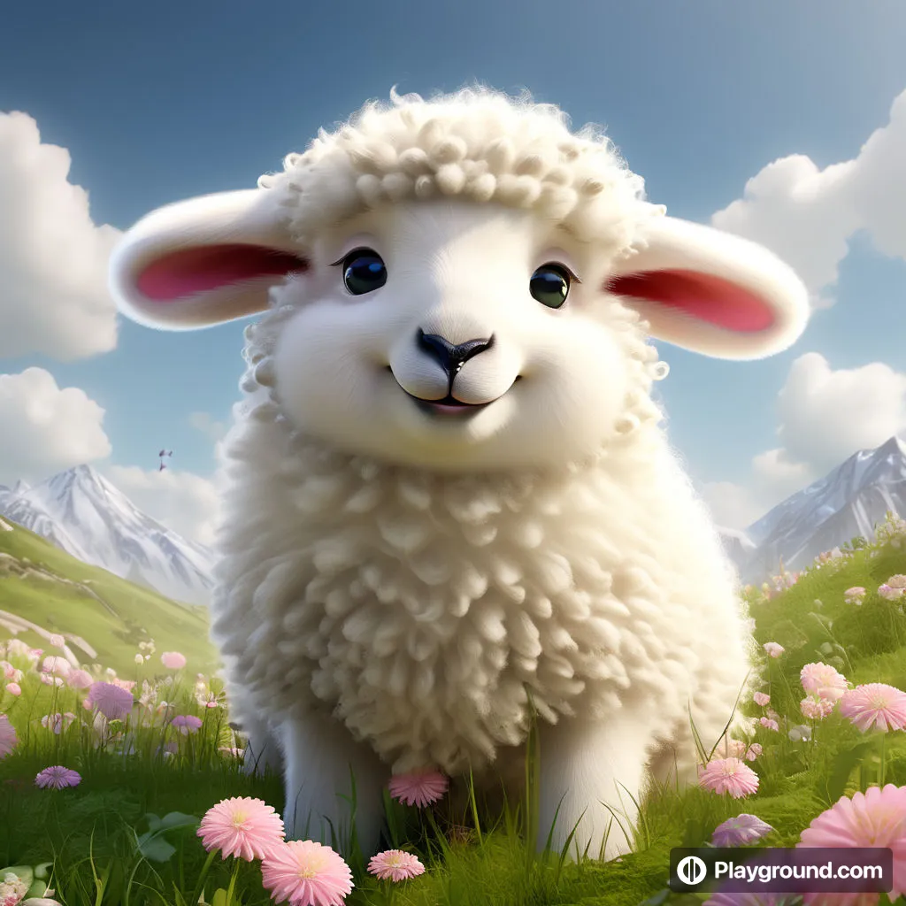 a white sheep standing on top of a lush green field