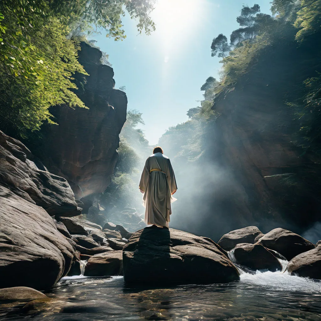 a man standing on top of a rock next to a river