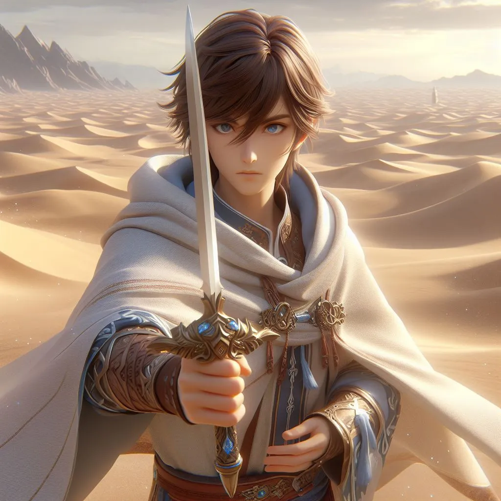 a man in a desert holding a sword