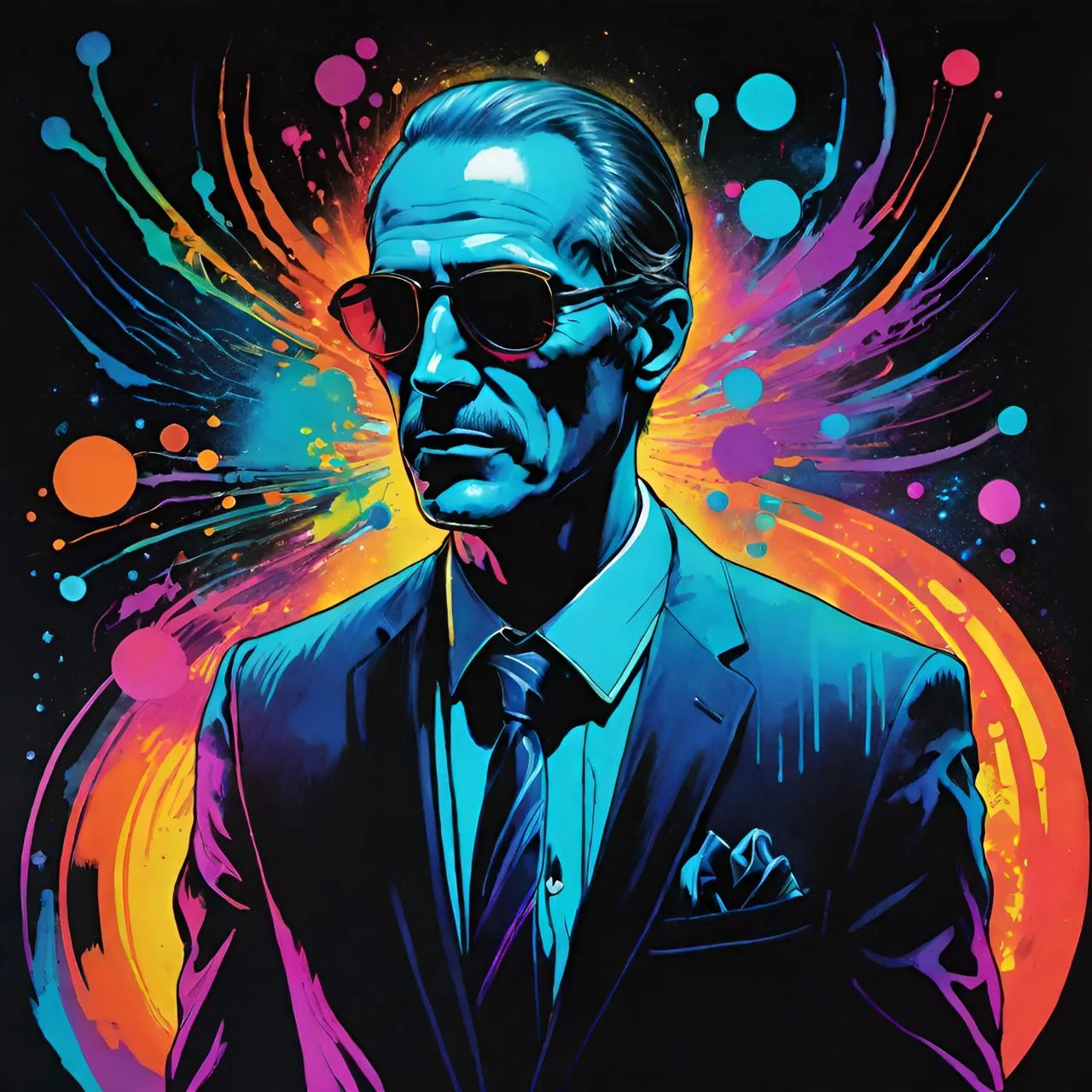 a painting of a man in a suit and sunglasses