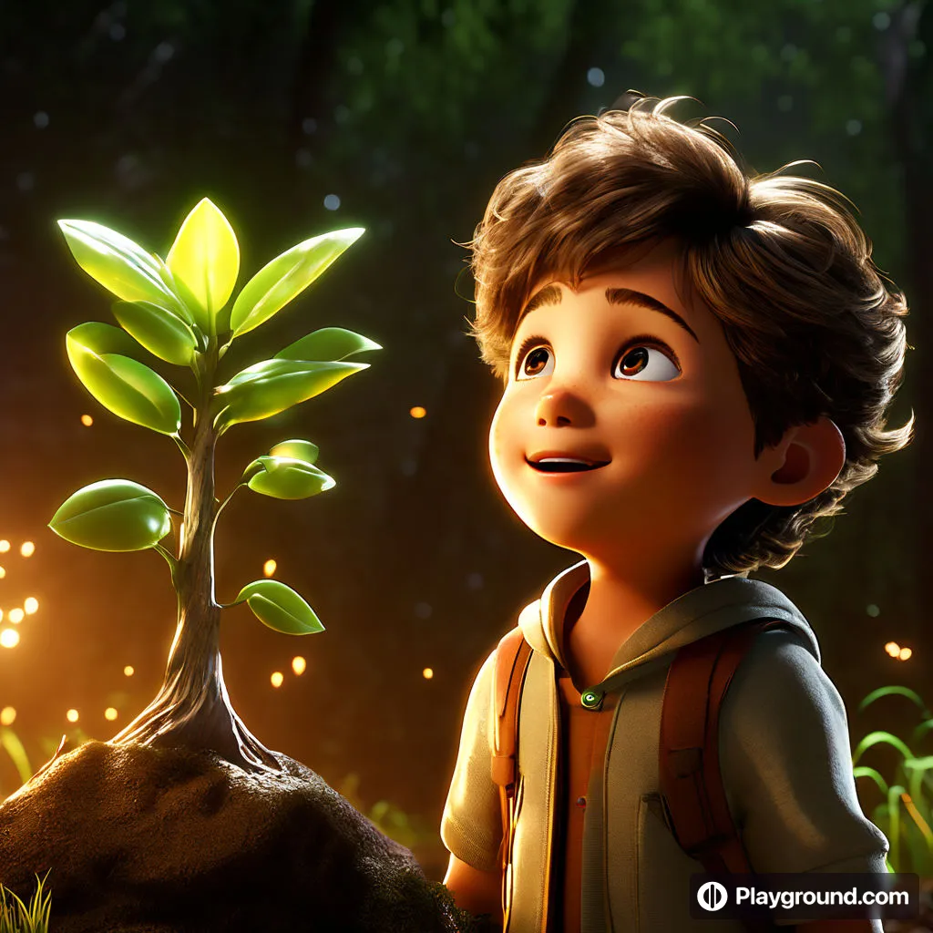 a young boy looking up at a plant