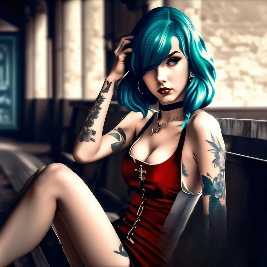 a woman with blue hair and tattoos sitting on a bench