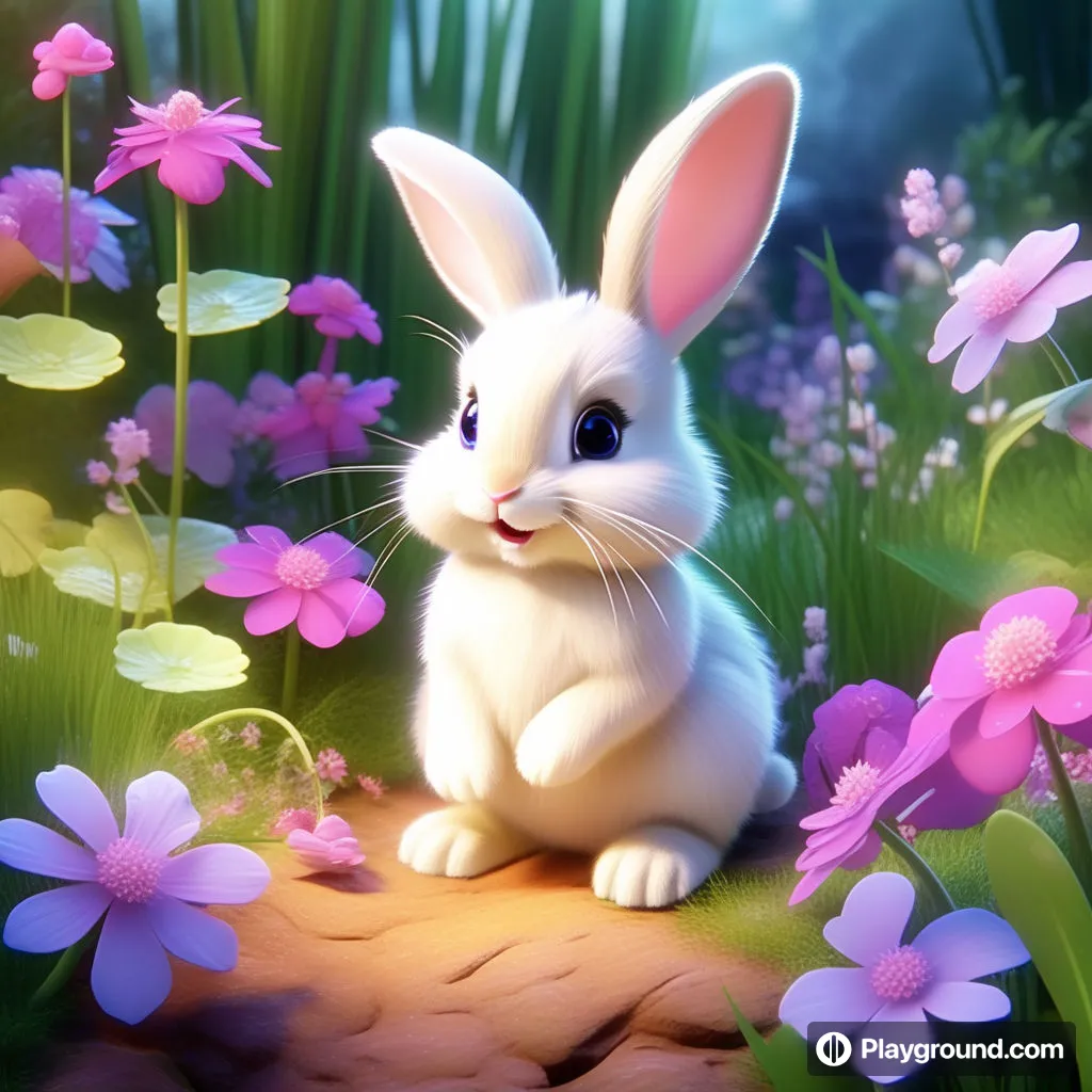 a white rabbit sitting in a field of flowers