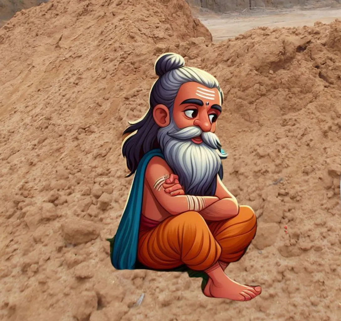 a cartoon of a man sitting in the sand