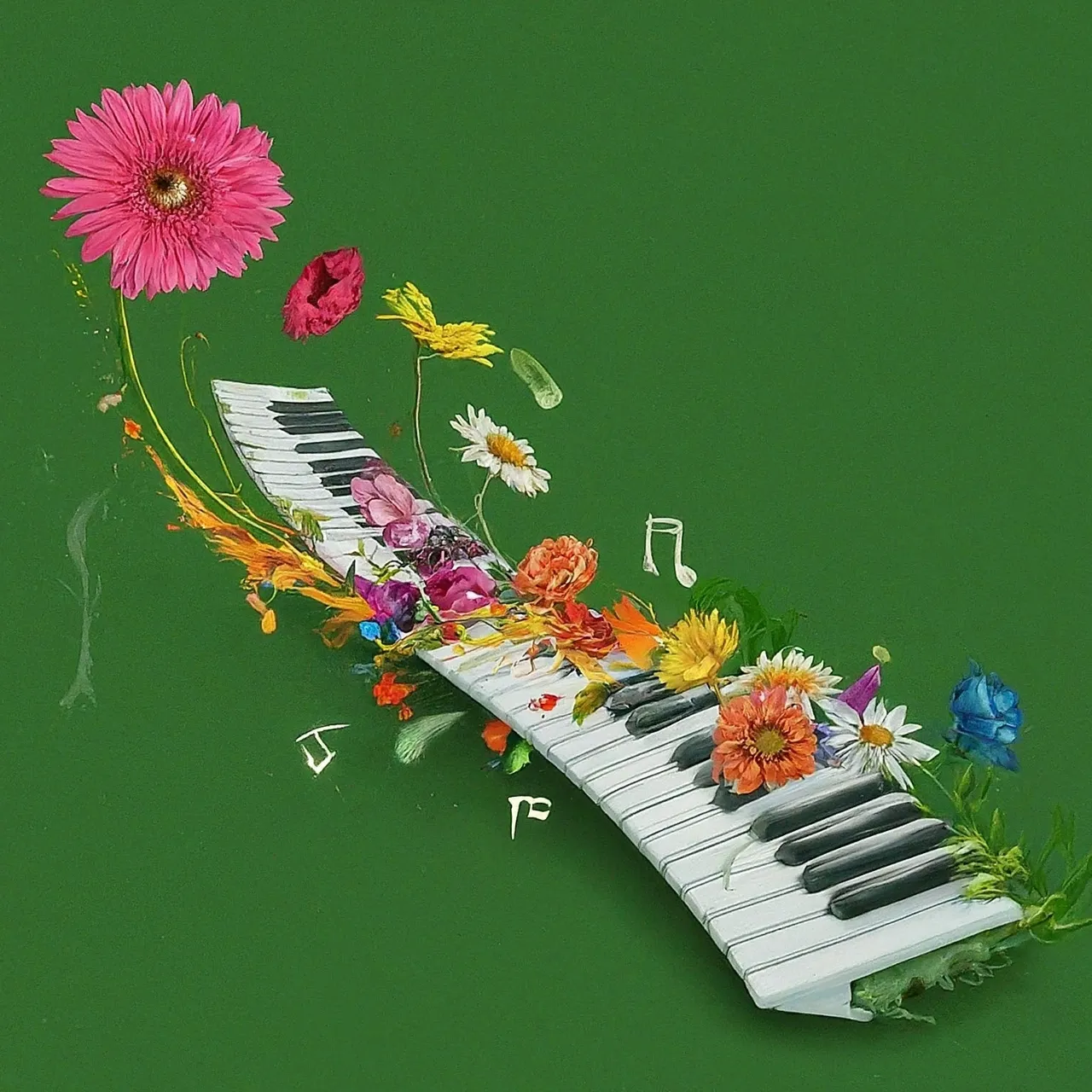 a piano with flowers and music notes on it