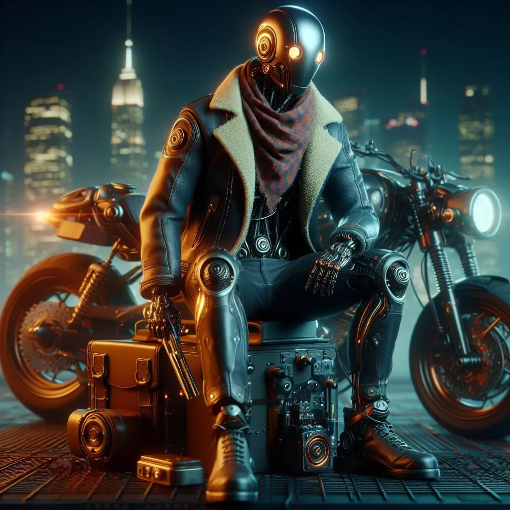 a man sitting on top of a motorcycle in front of a city