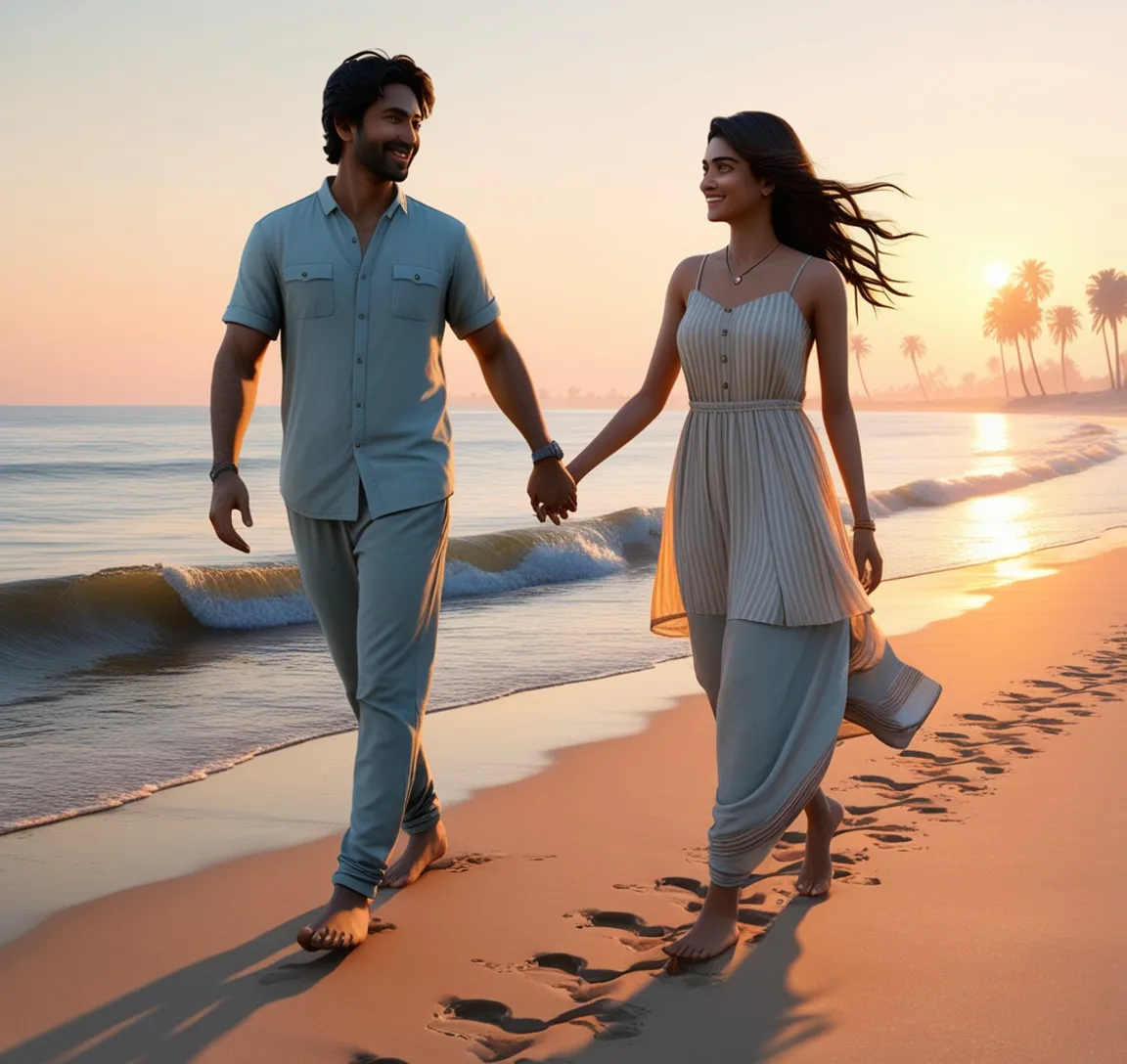 a man and a woman walking on a beach holding hands