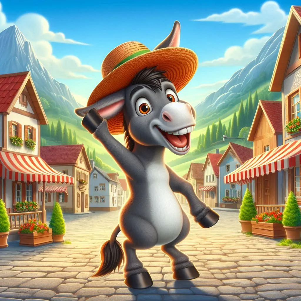 a cartoon donkey wearing a cowboy hat in a town