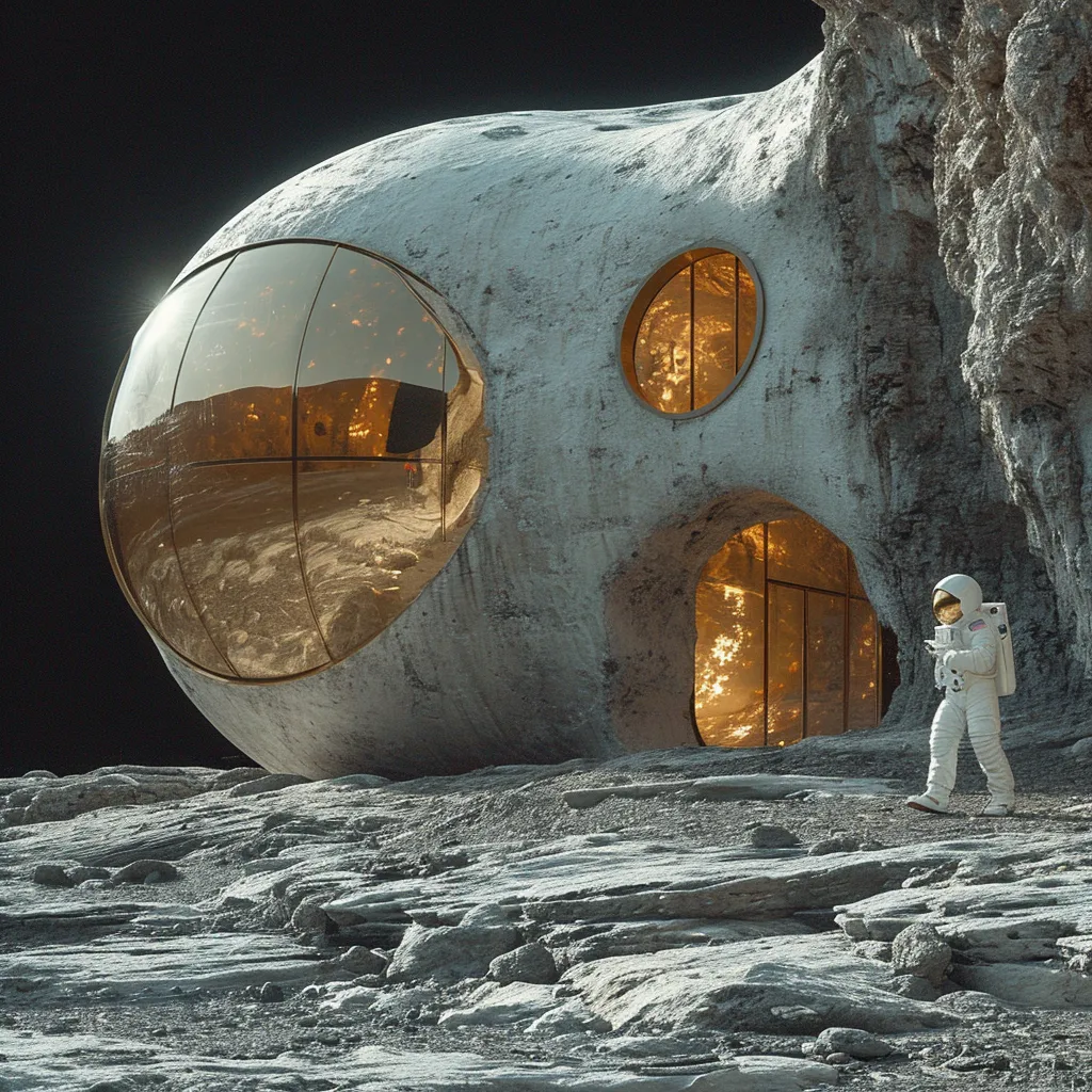 an astronaut standing in front of a building on the moon