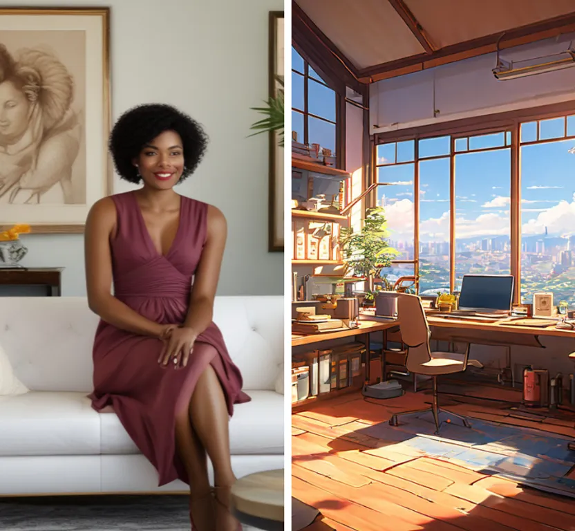 a woman sitting on a couch in a living room next to a picture of an interior design