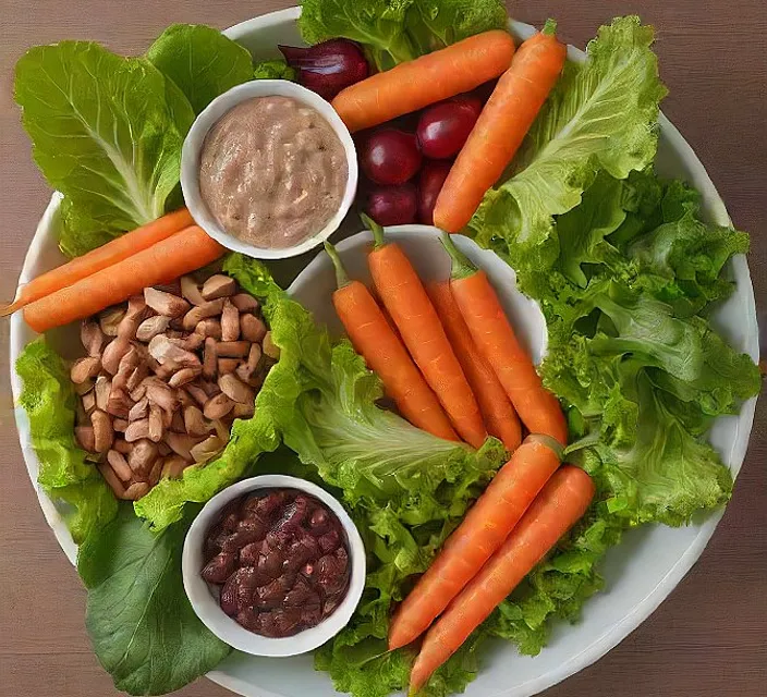 a white plate topped with carrots, beans and lettuce