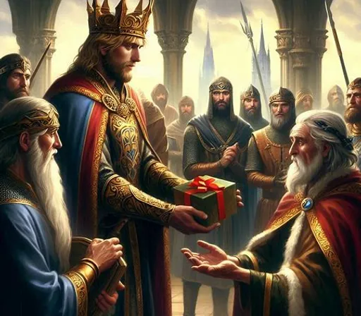 a painting of a man handing a gift to another man