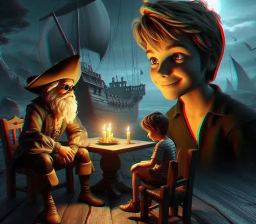 a painting of two children sitting at a table with a pirate ship in the background