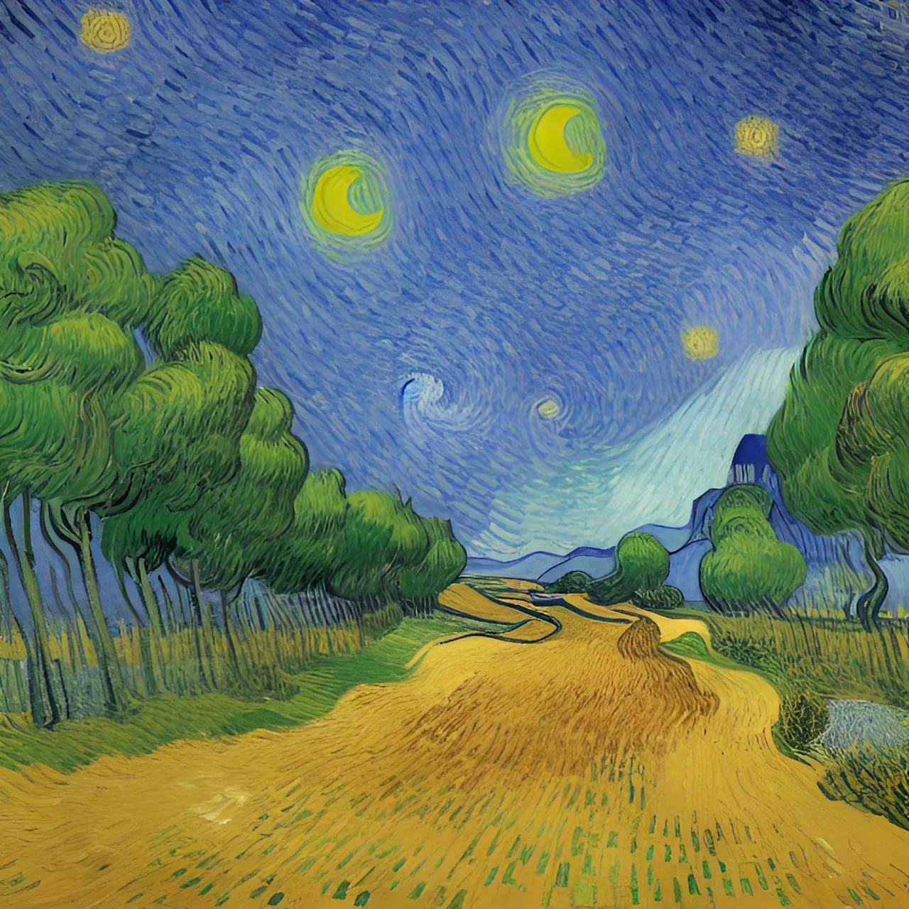 a painting of a dirt road with trees on either side