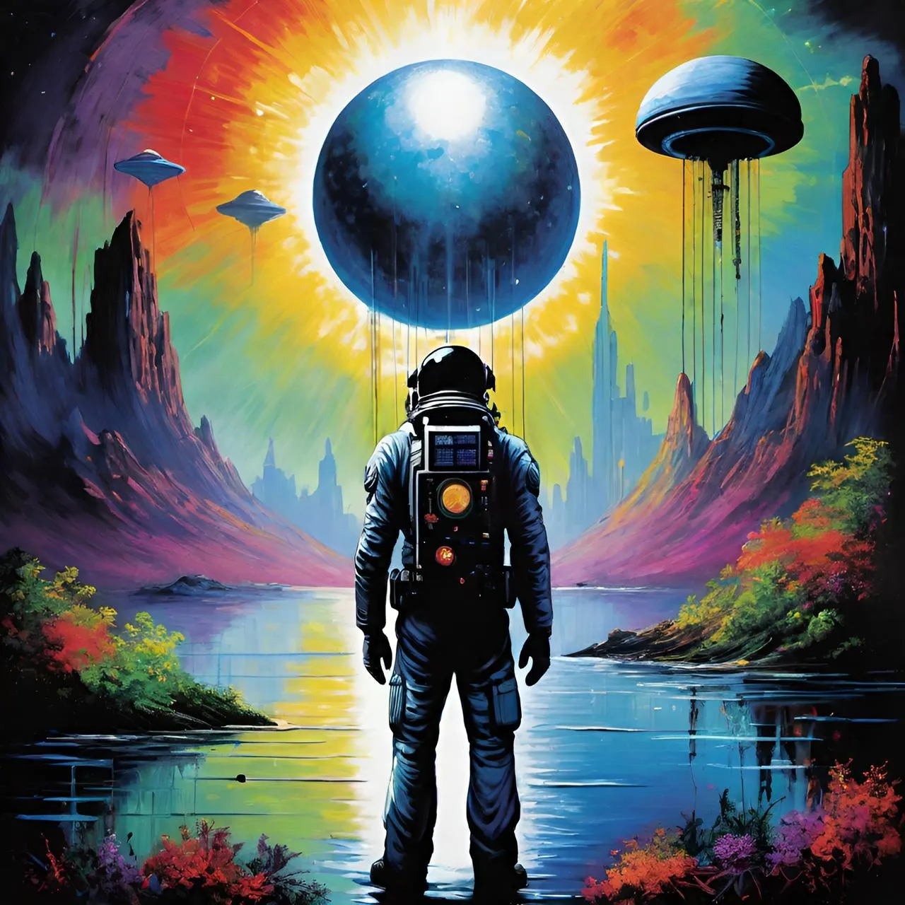 a man in a space suit standing in front of a painting