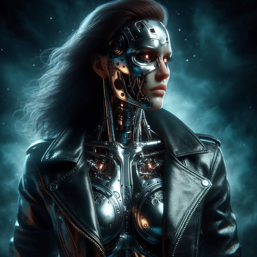 a woman in a leather jacket with a futuristic face