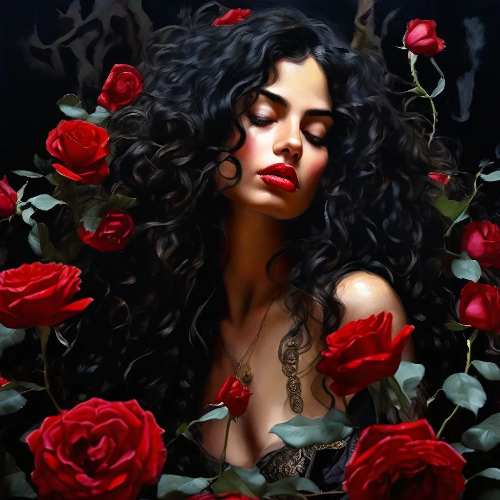 a painting of a woman surrounded by roses