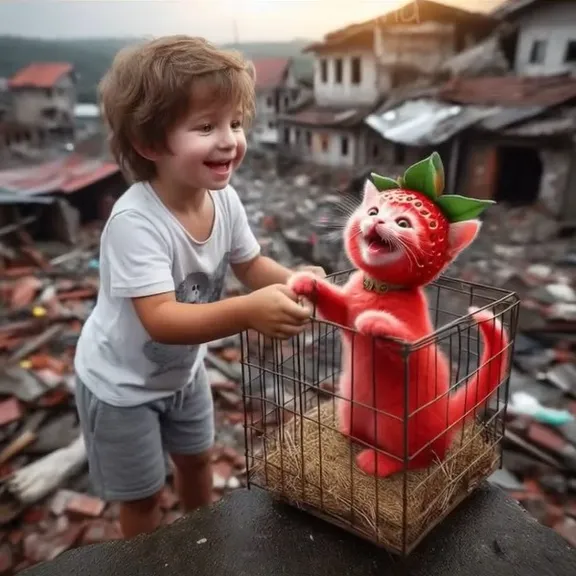 a young boy is playing with kitty in a cage