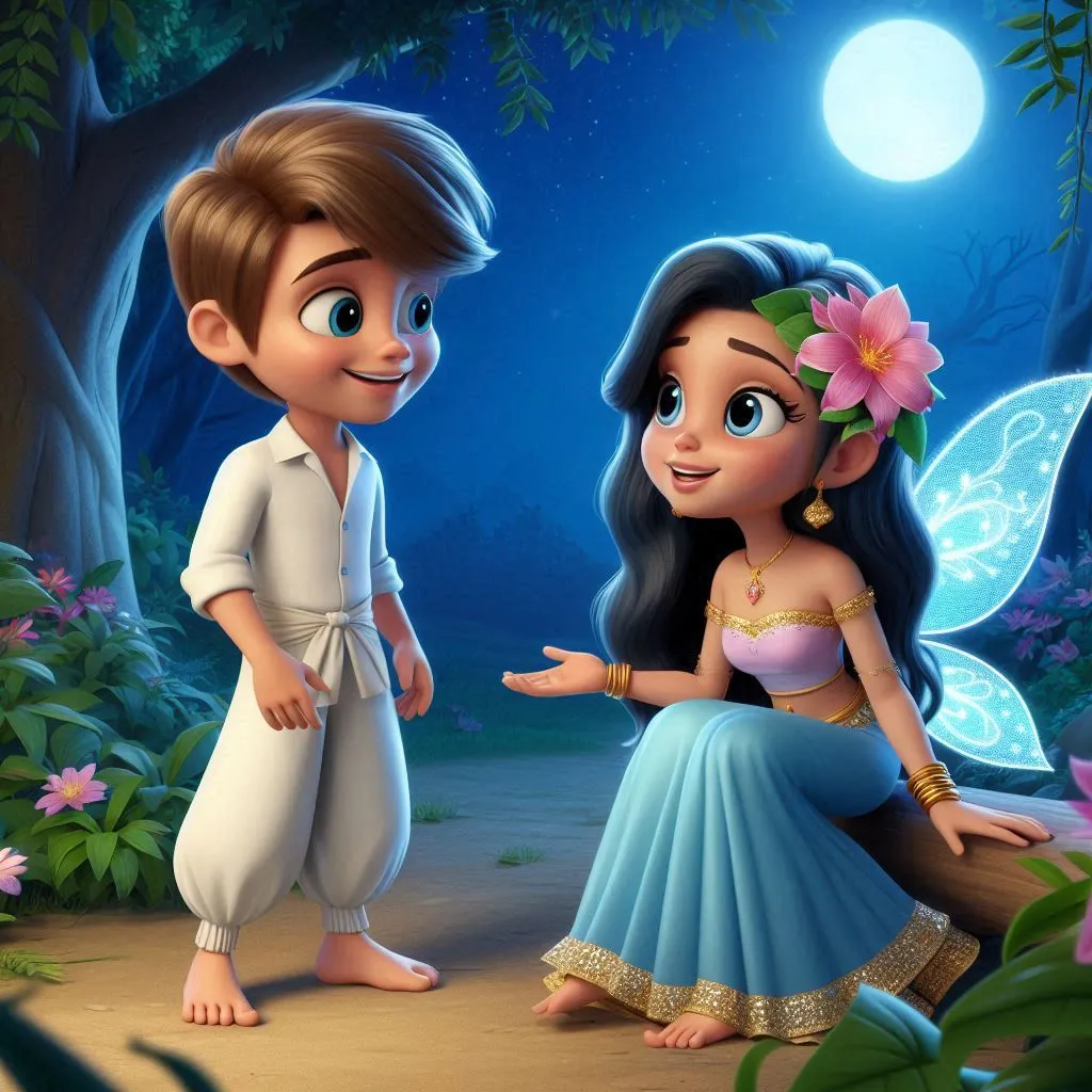  a handsome boy wearing white shirt and white dhoti talking  to a beautiful fairy with long  blue hair wearing blue lehehenga smiling ,flower  on the head in the jungle at night   standing barefoot in jungle  3D animation cartoon 